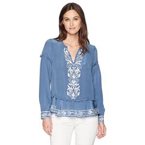 Parker Top Women's‎ Extra Small Embroidered Silk Blouse Long Ruffle Sleeve Blue